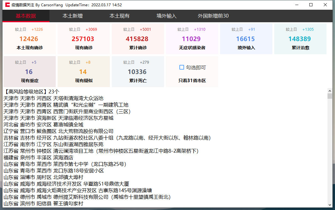 疫情数据关注工具v7.0 可查风险地区详细